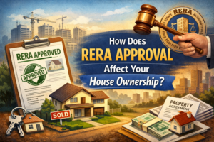 Illustration showing RERA approval impact on house ownership, featuring a RERA-approved document on a clipboard, a residential house with sold sign, property agreement papers, keys, construction buildings in the background, and a legal gavel representing real estate regulation and buyer protection.