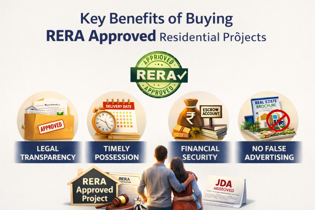 Key benefits of buying RERA approved residential projects showing legal transparency, timely possession, financial security and no false advertising