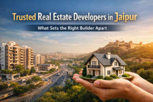 Featured image showing modern residential buildings in Jaipur with a symbolic house held in hands, representing trusted real estate developers and the qualities that set the right builder apart.