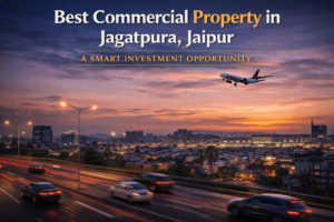 Modern twilight cityscape of Jagatpura, Jaipur with blurred traffic lights and an airplane in the sky, featuring text highlighting a commercial property investment opportunity.