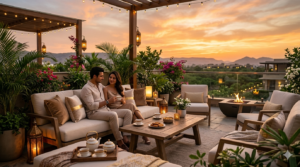 An elegant, ultra-realistic landscape image capturing a luxurious terrace lounge in Vaishali Nagar, Jaipur, during a golden sunset. The scene features a modern outdoor setting with plush cream-colored seating, velvet cushions with gold accents, and a low wooden coffee table set with a premium tea service. A sophisticated couple sits together, enjoying tea in a serene, upscale atmosphere. The background showcases a warm, glowing sky over a lush urban landscape with distant hills, intentionally avoiding any high-rise apartment structures. Decorative elements include ornate Moroccan-style lanterns, soft string lights draped over a wooden pergola, vibrant bougainvillea, and a modern fire pit, all contributing to a rich, cinematic depth of field.