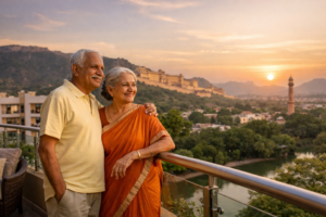 Elderly couple standing on a balcony in a senior-friendly residential community in Jaipur, overlooking greenery and Amer Fort at sunset, representing comfortable and secure living for seniors.