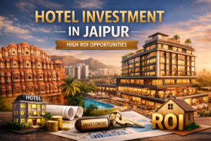 Luxury hotel investment concept in Jaipur featuring a modern premium hotel building, Hawa Mahal backdrop, and financial elements like keys, coins, and ROI symbol representing high return real estate opportunities.