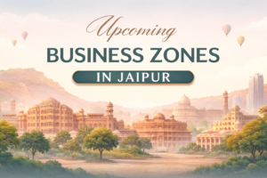 Calm pastel illustration of Jaipur skyline with historic architecture and soft sunrise tones, representing upcoming business zones in Jaipur with elegant typography in a 16:9 landscape layout.