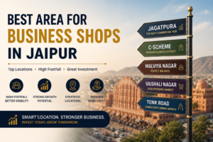 Best area for business shops in Jaipur infographic showing top commercial locations like Jagatpura, C-Scheme, Malviya Nagar, Vaishali Nagar, and Tonk Road with highlights of high footfall, strong growth potential, and high ROI.
